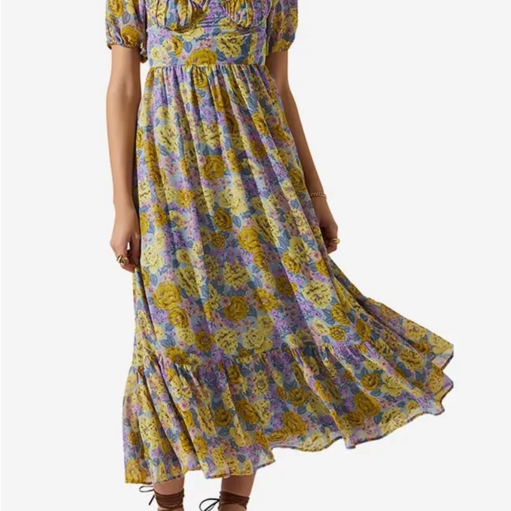 Astr Yellow and Purple Floral Tiered Midi Dress